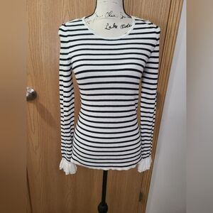 White House Black Market Striped Preppy Ruffle Sleeve Gold Button Top